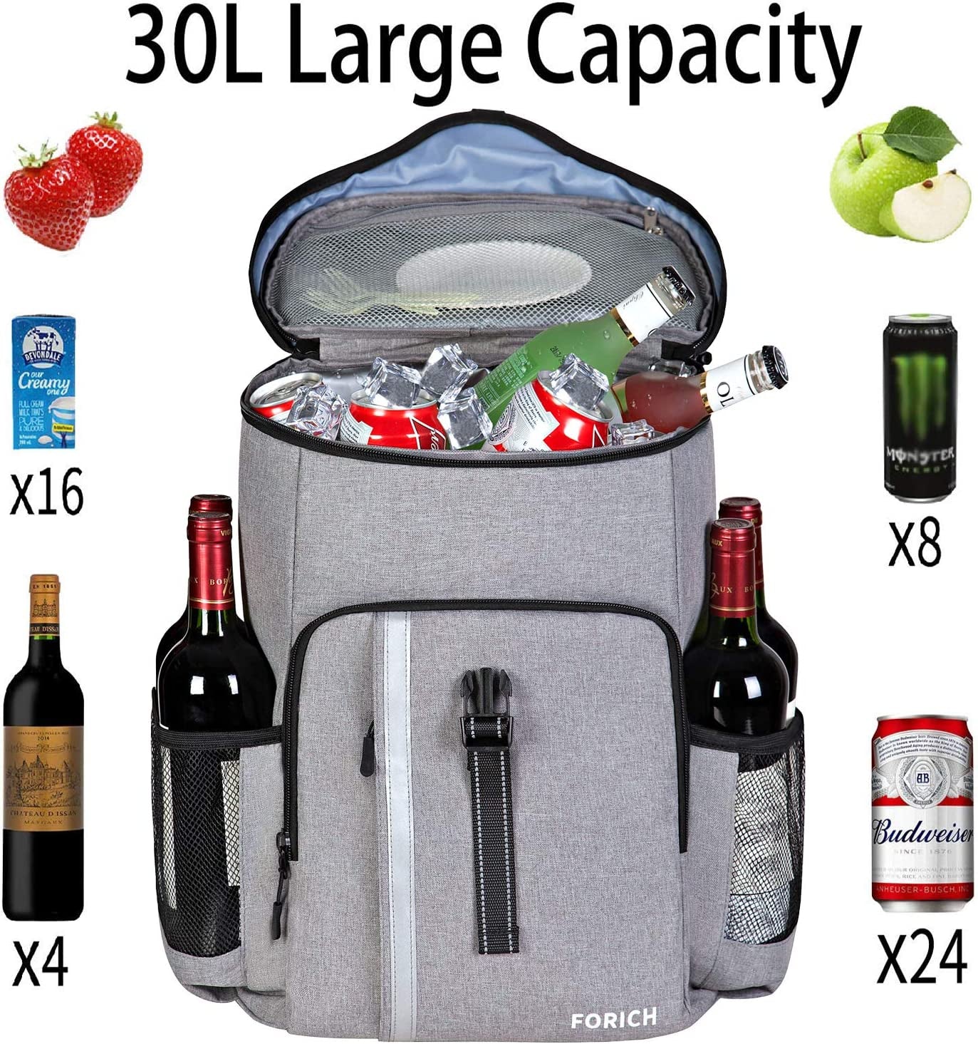 Insulated Waterproof Backpack Cooler Bag - Lightweight Soft Cooler for Work, Lunch, Picnics, Camping, and Hiking - Holds Up to 30 Cans